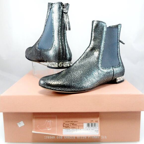 NIB$750 MIU MIU by PRADA Cracked Metallic Leather Crystal Heels Ankle Boots 36.5 - Picture 16 of 16